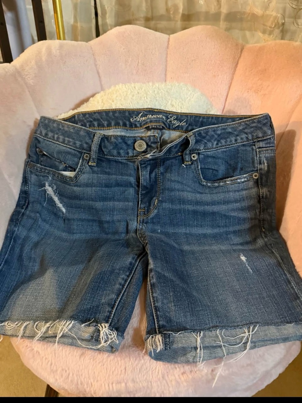 American Eagle Outfitters Dark Blue Denim Frayed Hem Shorts